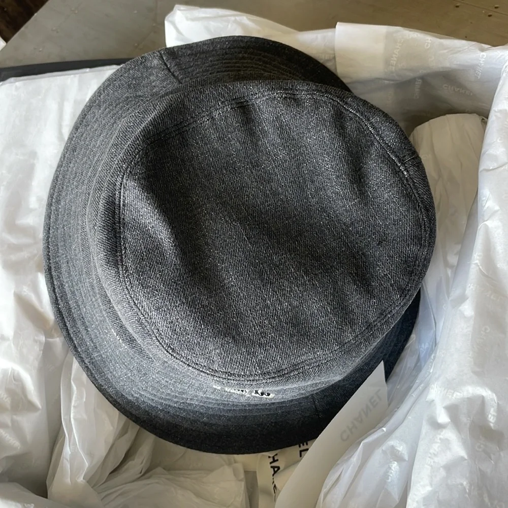 Chanel coco beach black denim sequin logo beach coco cap hat sz MEDIUM